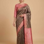 Banarasi Semi Silk Saree In Chiku Colour With Floral Booti Work