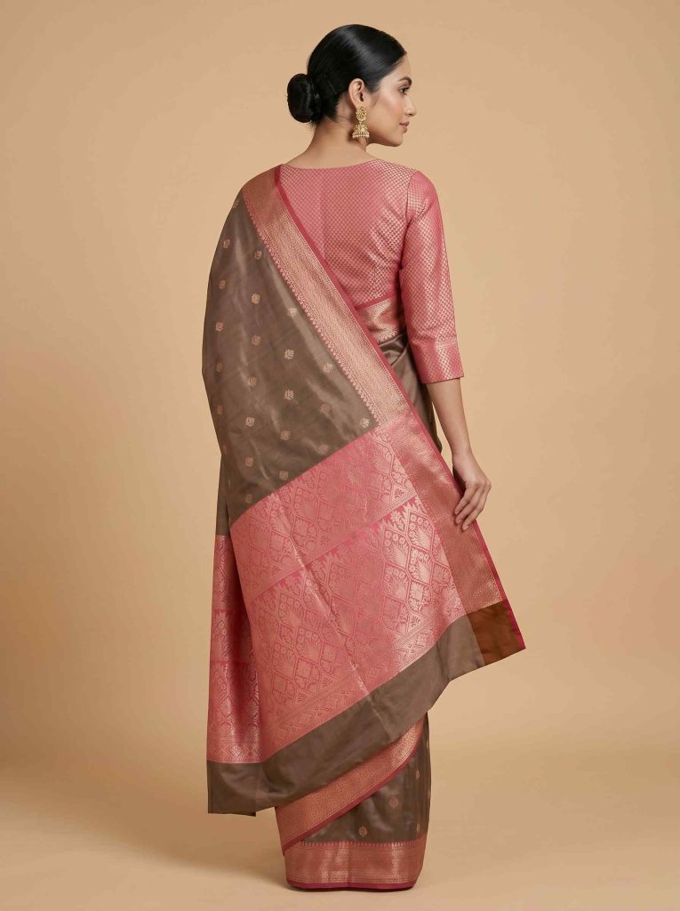 Banarasi Semi Silk Saree In Chiku Colour With Floral Booti Work
