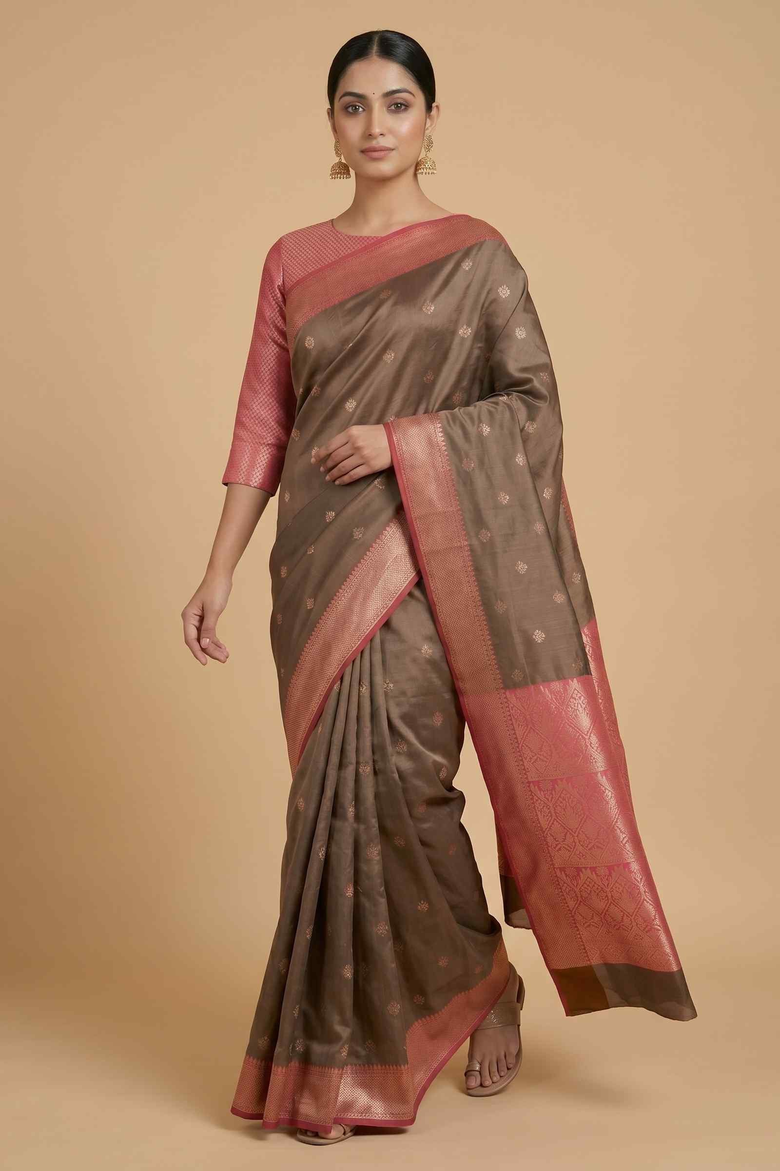 Banarasi Semi Silk Saree In Chiku Colour With Floral Booti Work