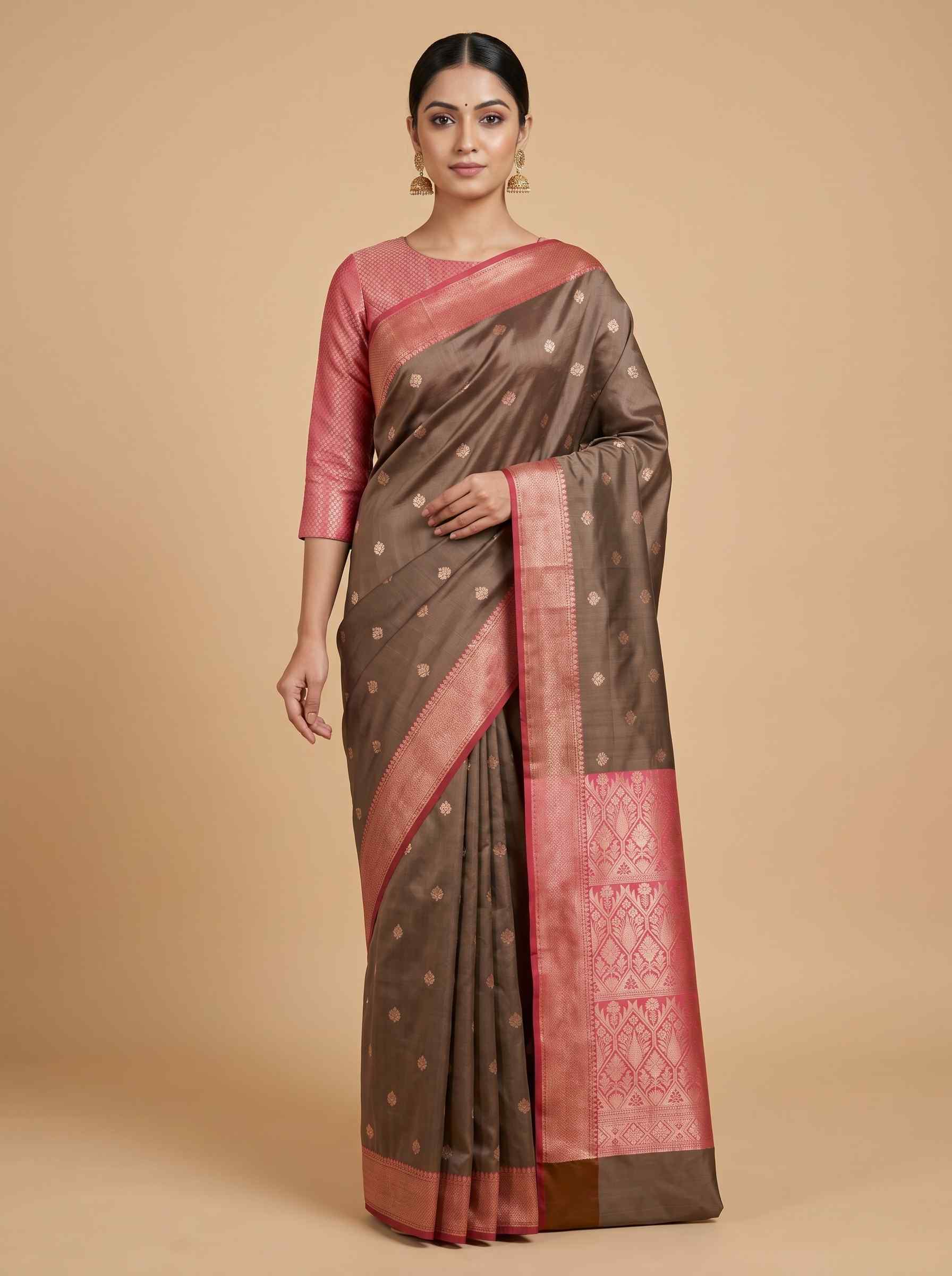 Banarasi Semi Silk Saree In Chiku Colour With Floral Booti Work