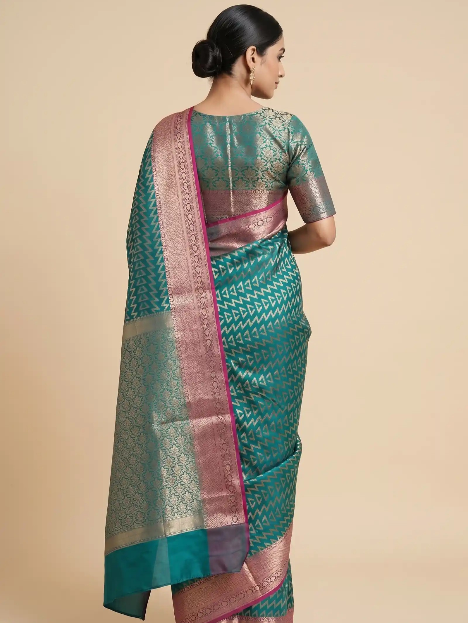 Seagreen Semi Silk Banarasi Saree With ZigZag Zari Work