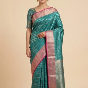Seagreen Semi Silk Banarasi Saree With ZigZag Zari Work