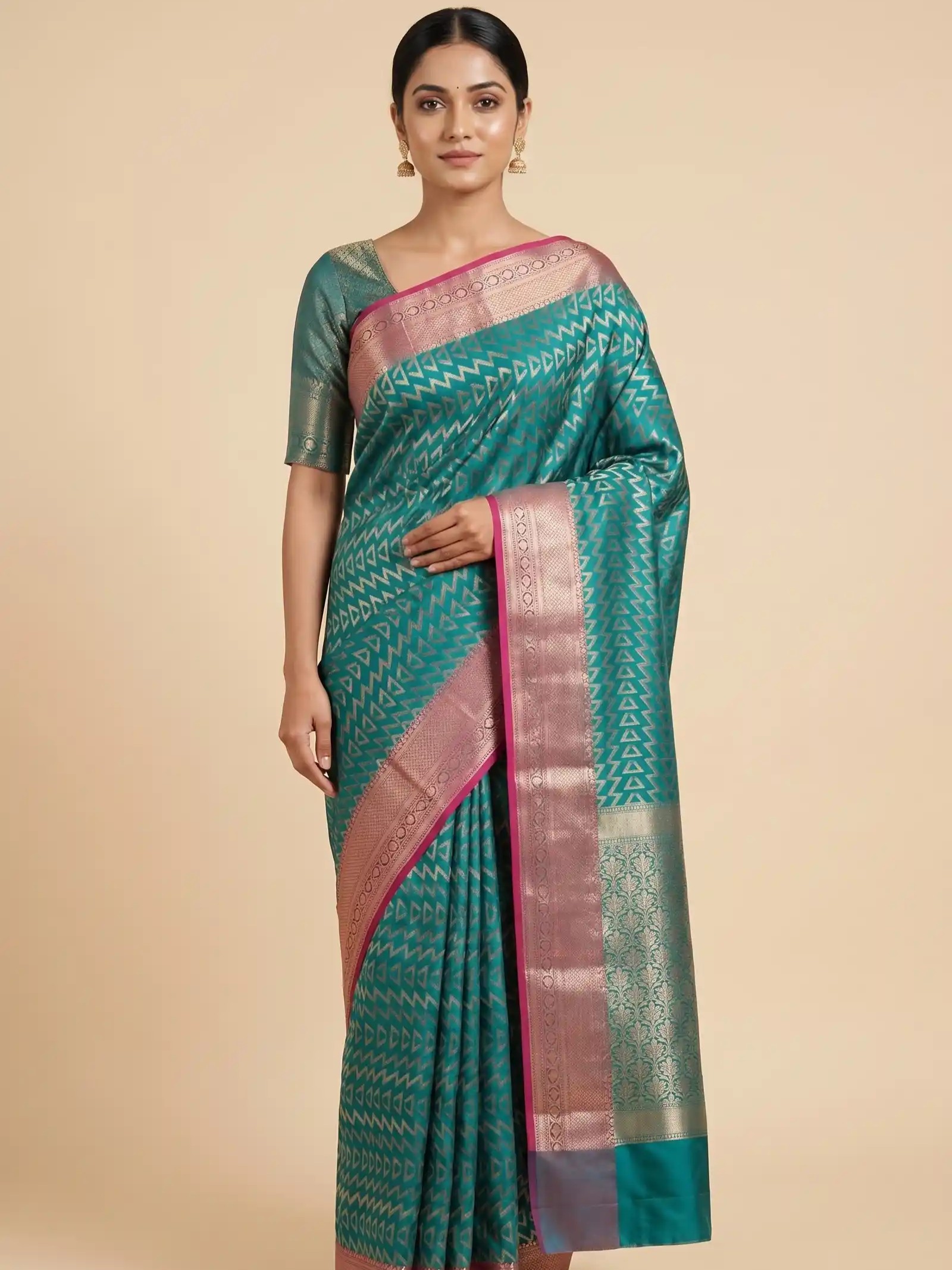 Seagreen Semi Silk Banarasi Saree With ZigZag Zari Work