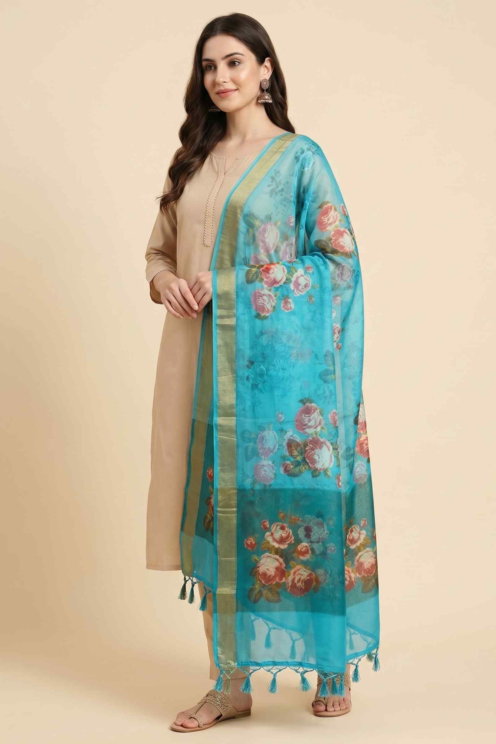 Skyblue Chiffon Silk Pure Banarasi Dupatta With Floral Digital Print Work