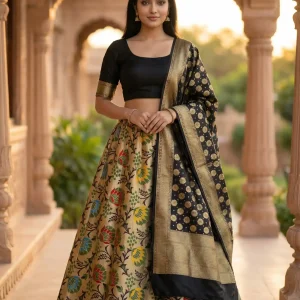 Black Kataan Silk Banarasi Lehenga