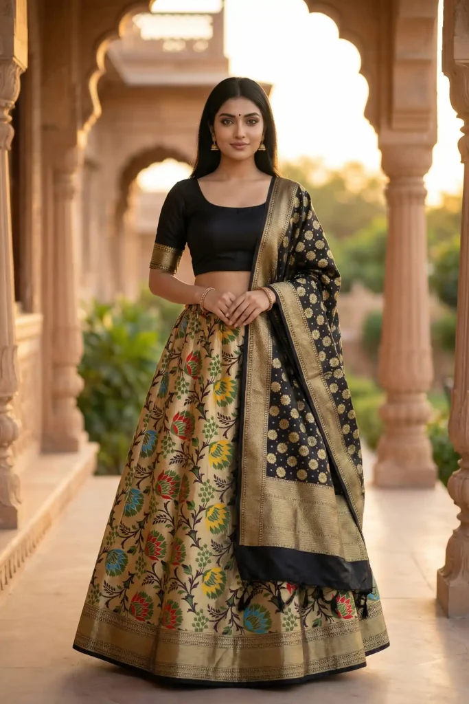 Black Kataan Silk Banarasi Lehenga