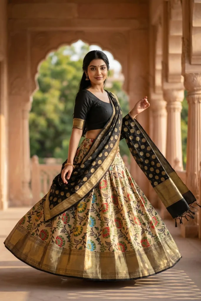Black Kataan Silk Banarasi Lehenga