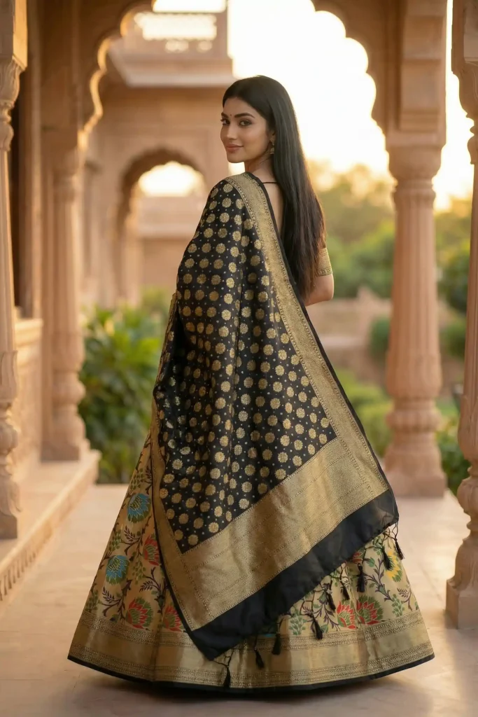 Black Kataan Silk Banarasi Lehenga
