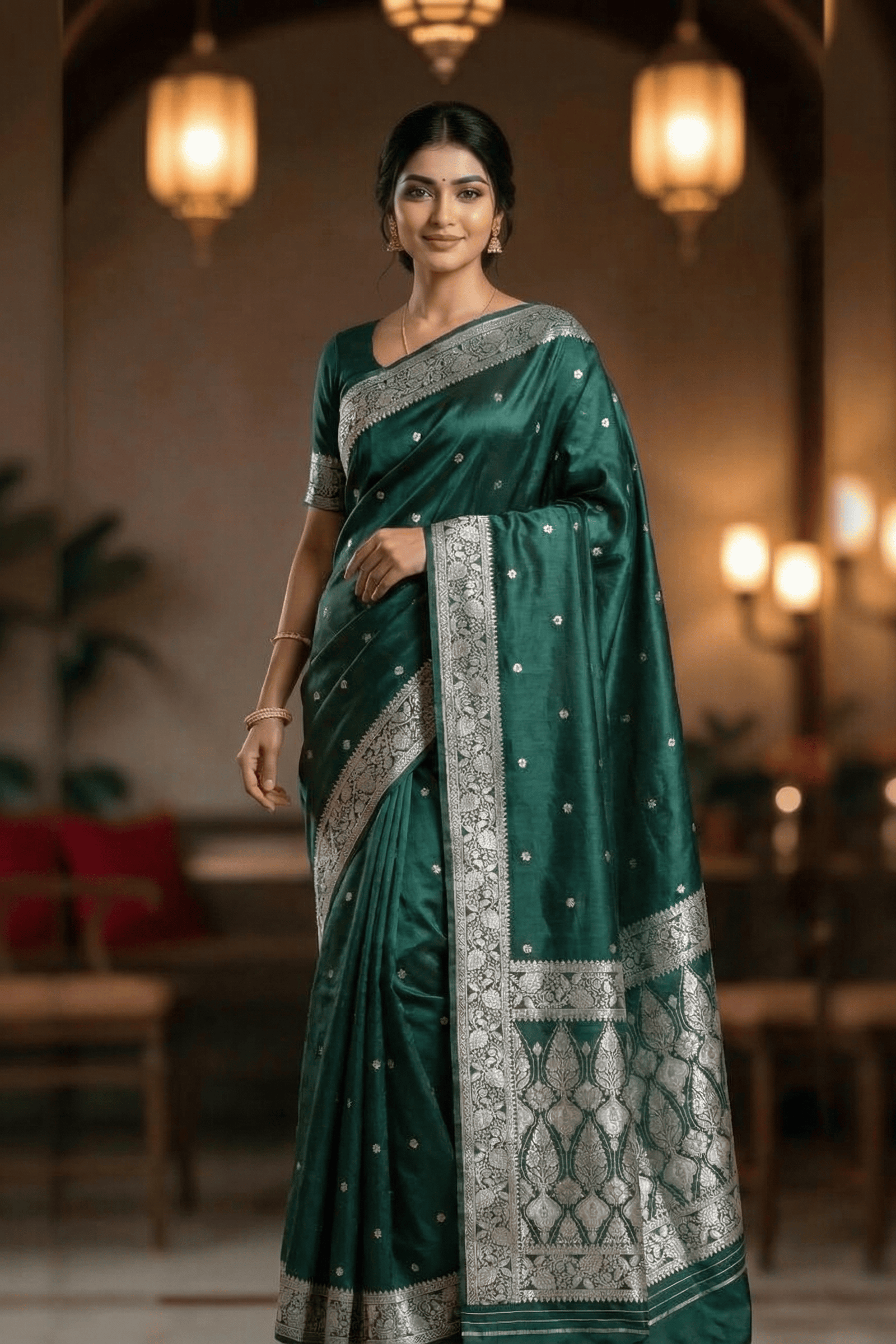 Bottle Green Mashru Silk Banarasi Saree