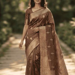 Chiku Viscose Silk Pure Banarasi Saree With Beautiful Floral Zari Work