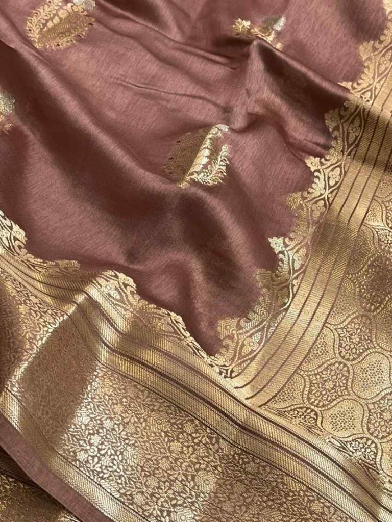 Chiku Viscose Silk Pure Banarasi Saree With Beautiful Floral Zari Work