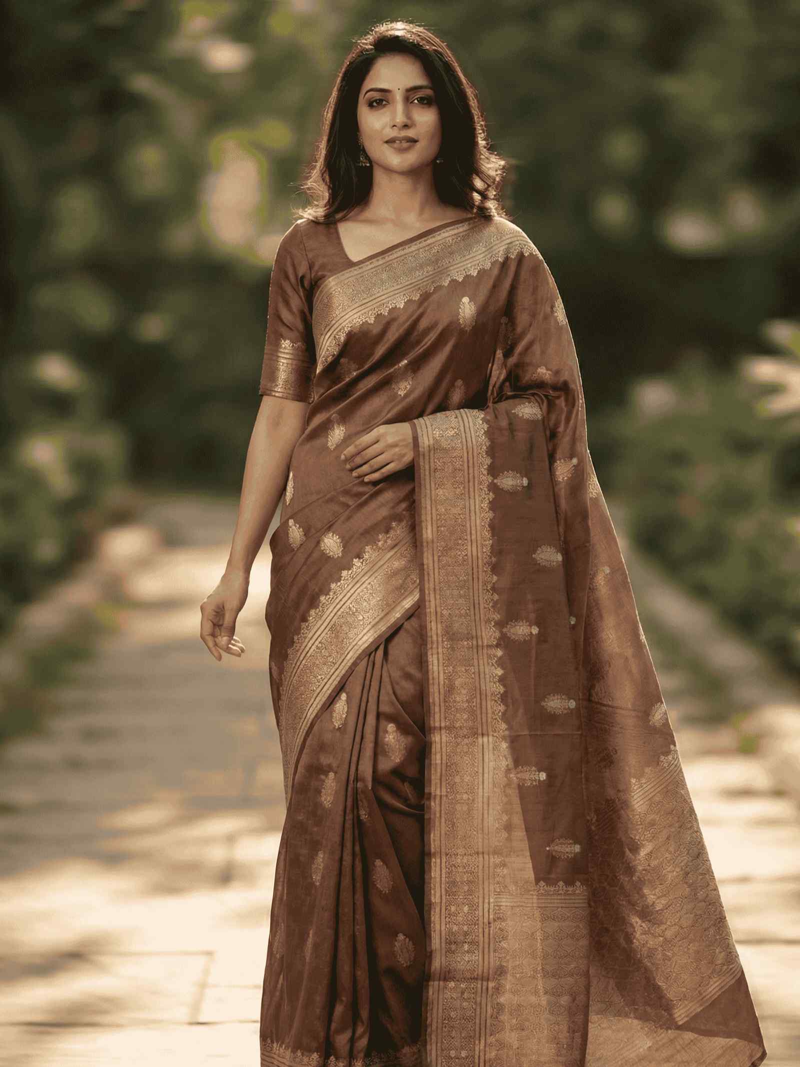 Chiku Viscose Silk Pure Banarasi Saree With Beautiful Floral Zari Work