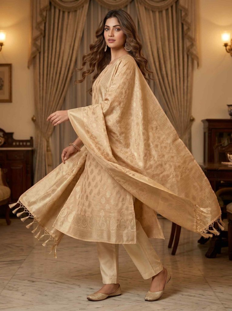 Beige Semi Silk Banarasi Dress Material