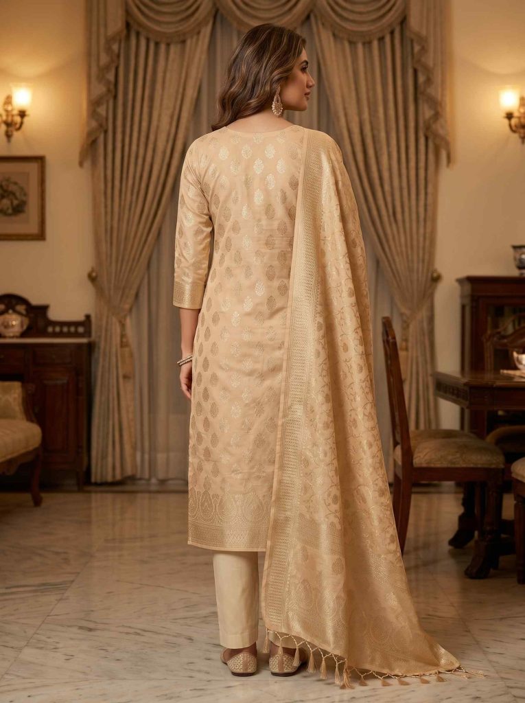 Beige Semi Silk Banarasi Dress Material
