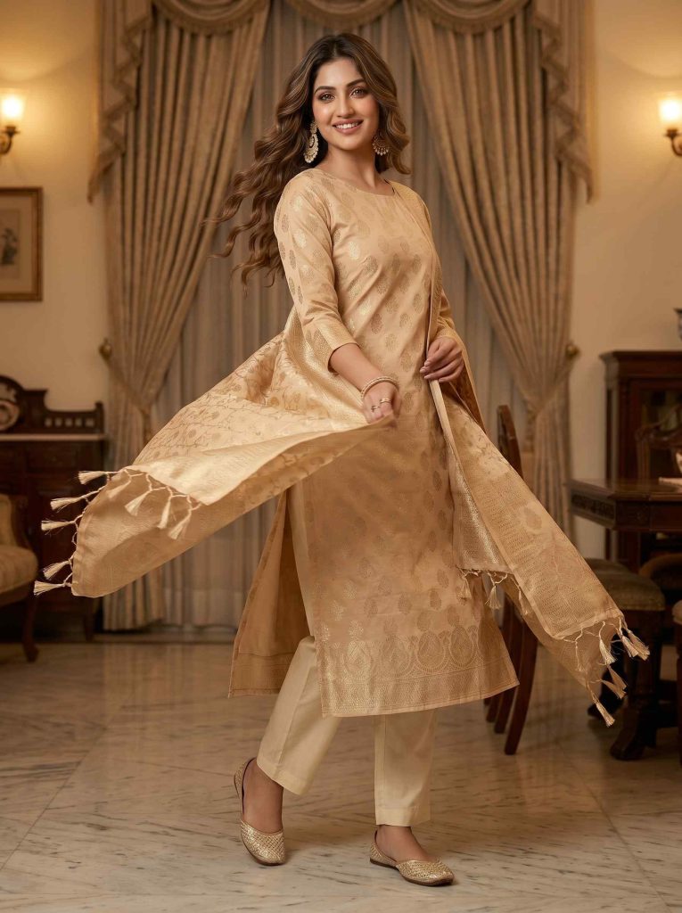 Beige Semi Silk Banarasi Dress Material