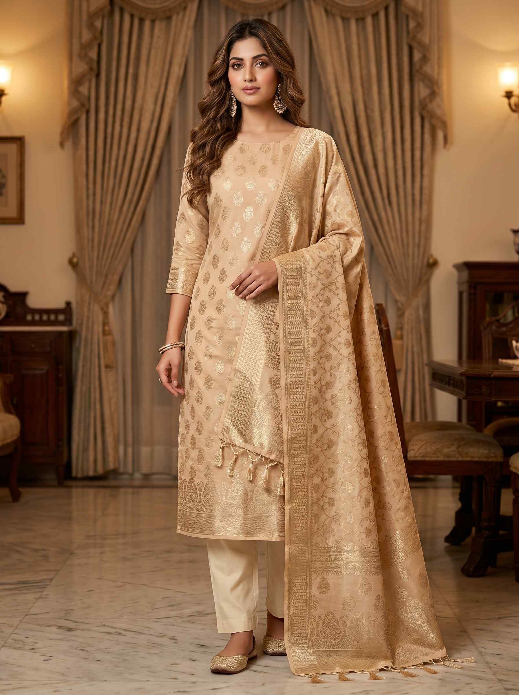 Beige Semi Silk Banarasi Dress Material