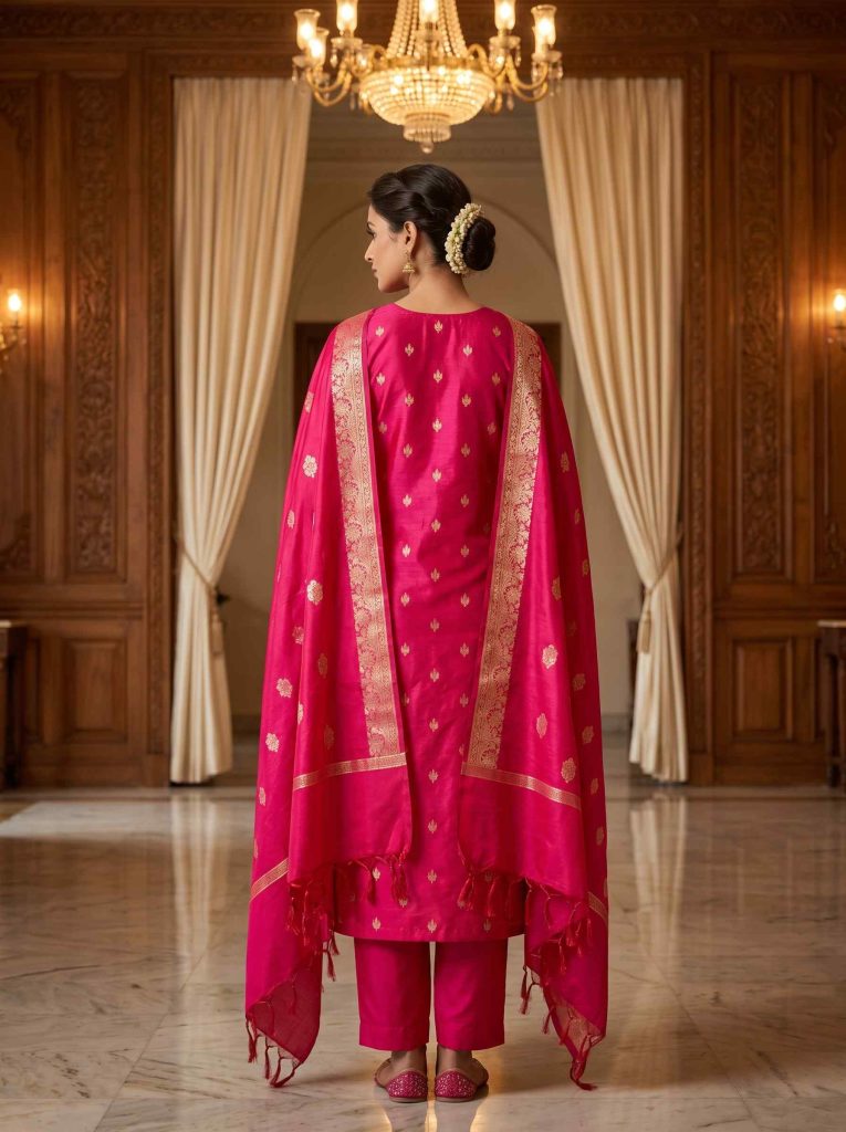 Pink Semi Silk Banarasi Dress Material