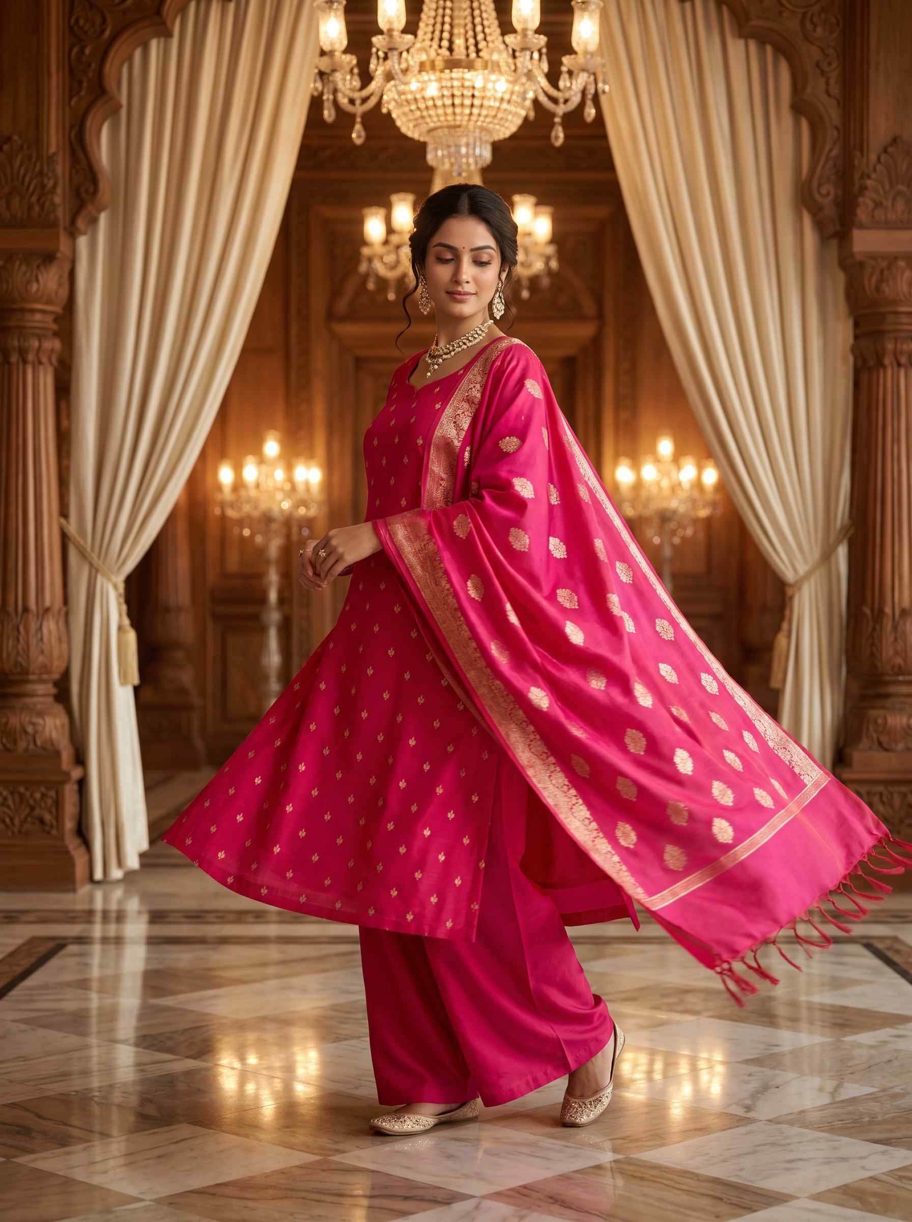 Pink Semi Silk Banarasi Dress Material