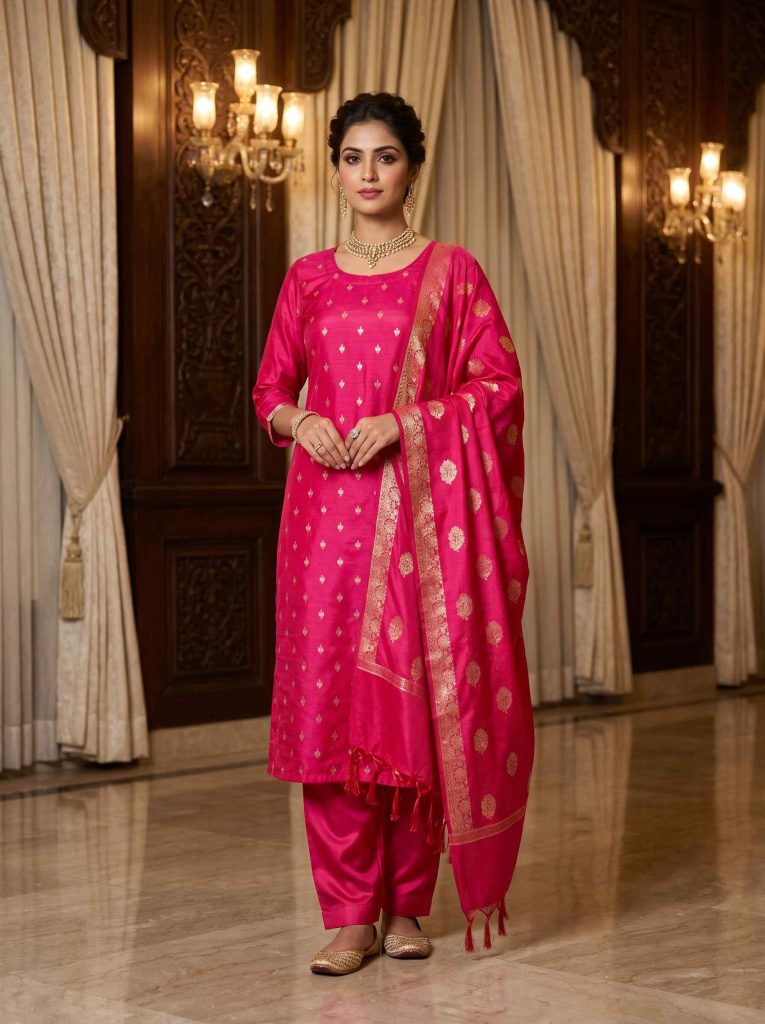Pink Semi Silk Banarasi Dress Material