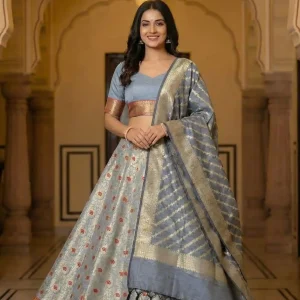 Grey Kataan Silk Banarasi Lehenga