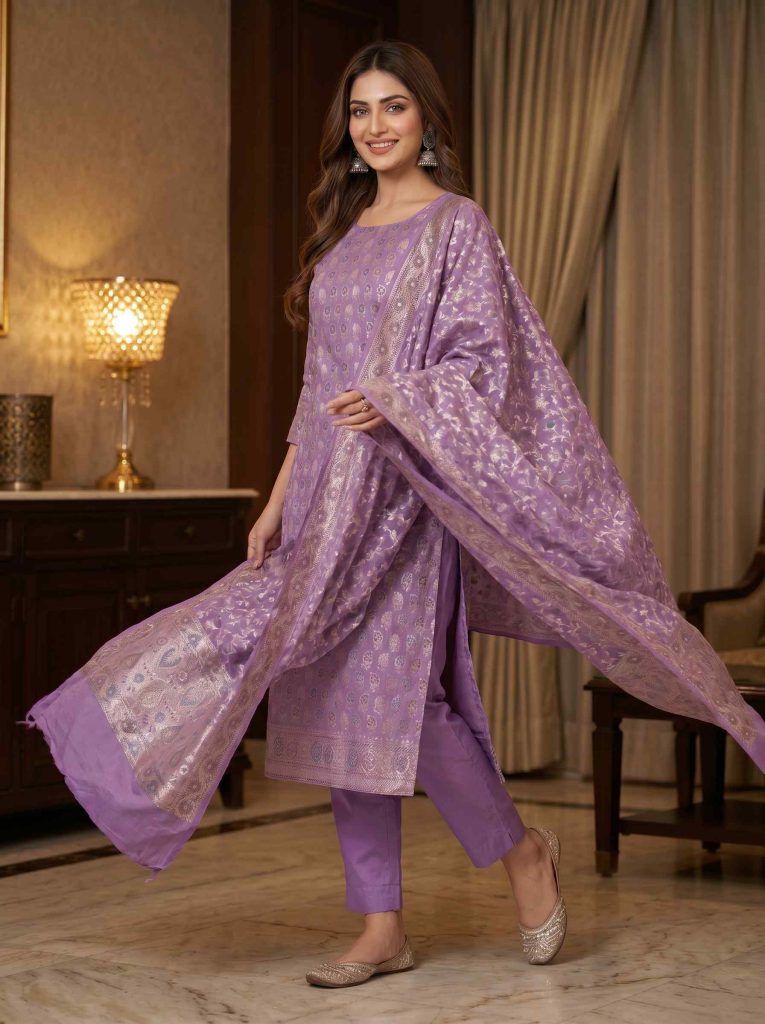Lavender Semi Silk Dress Material
