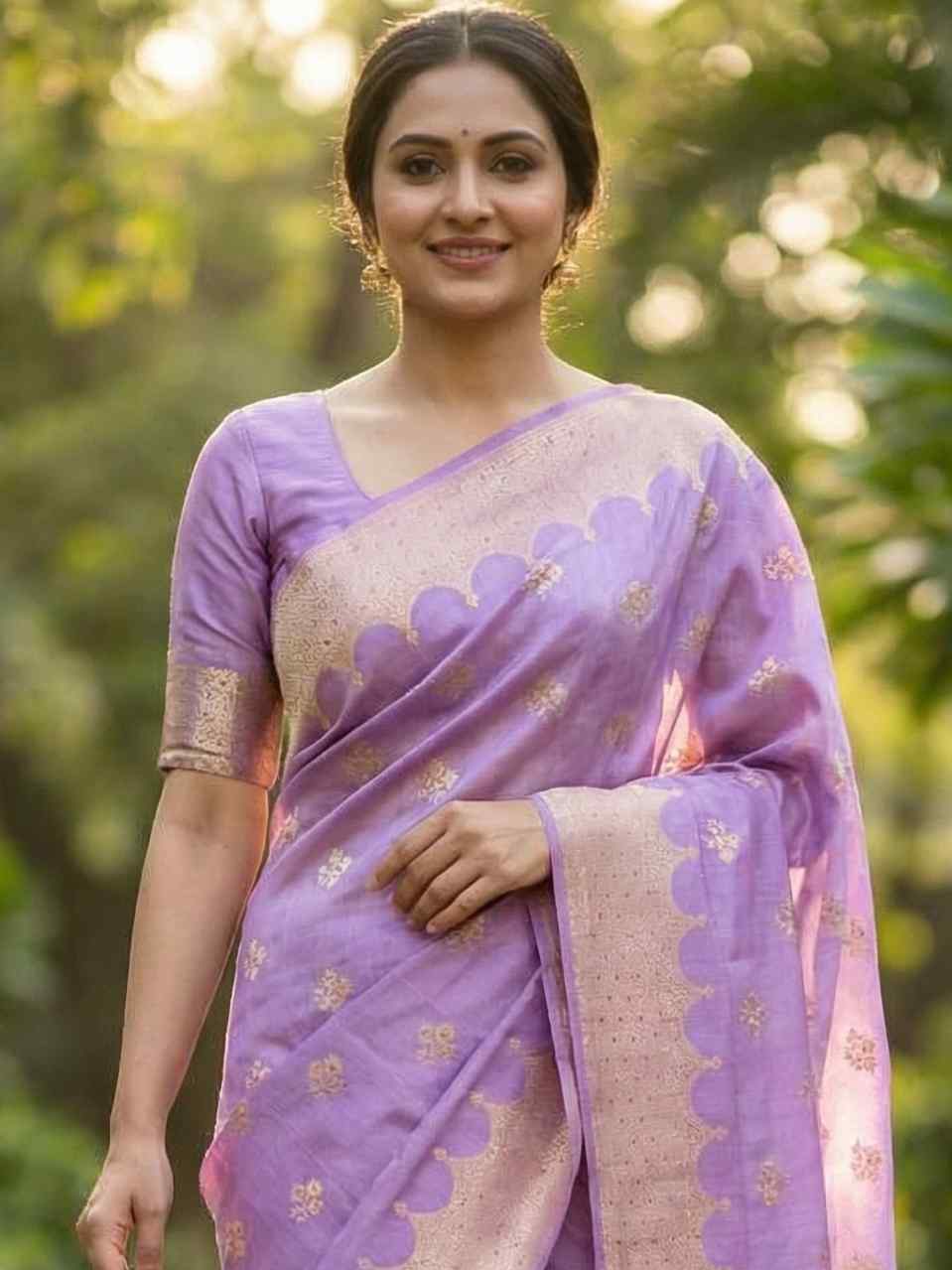Lavender Viscose Silk Pure Banarasi Saree With Beautiful Floral Zari & Red Minakari Work