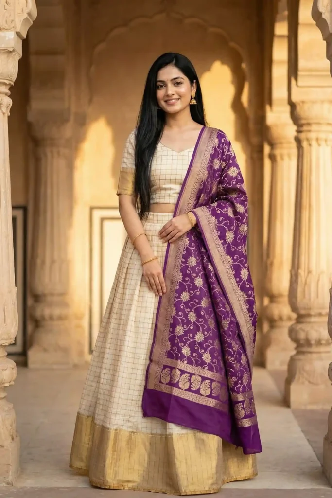 Contrast Shade Munga Silk Banarasi Lehenga