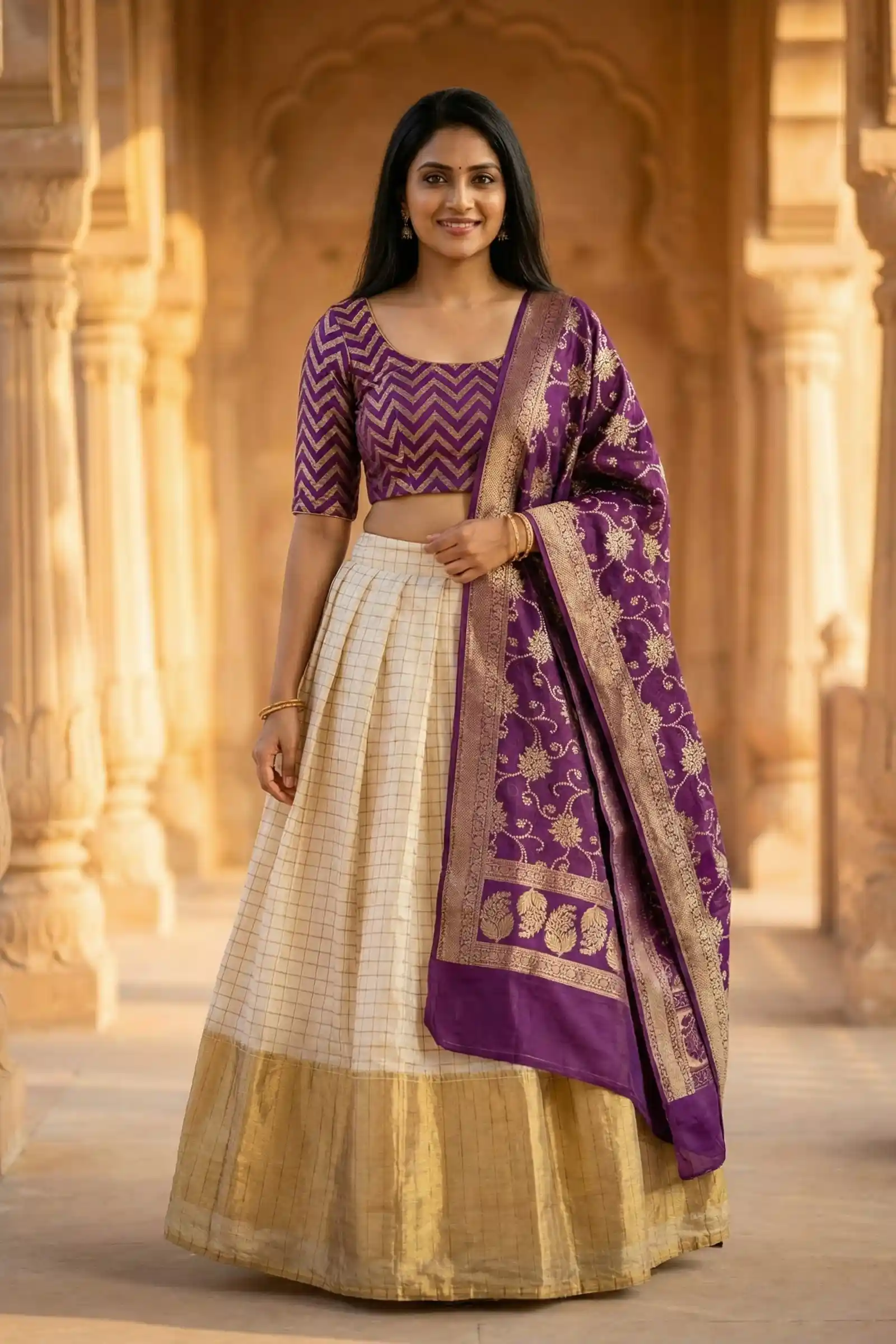 Contrast Shade Munga Silk Banarasi Lehenga