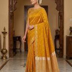 Mustard Chiniya Silk Pure Banarasi Saree With Beautiful Booti & Floral Zari Border Work