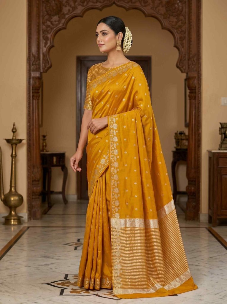Mustard Chiniya Silk Pure Banarasi Saree With Beautiful Booti & Floral Zari Border Work