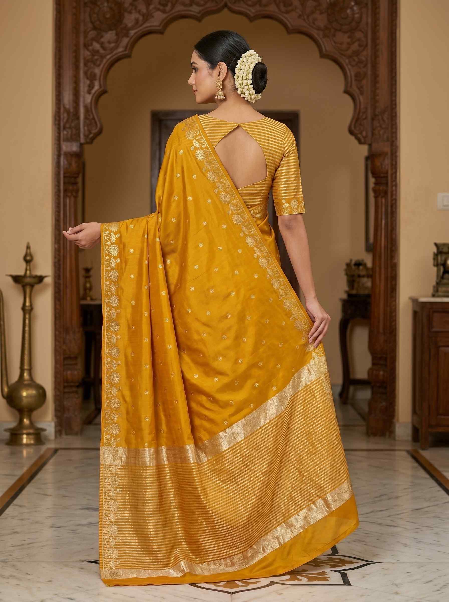 Mustard Chiniya Silk Pure Banarasi Saree With Beautiful Booti & Floral Zari Border Work