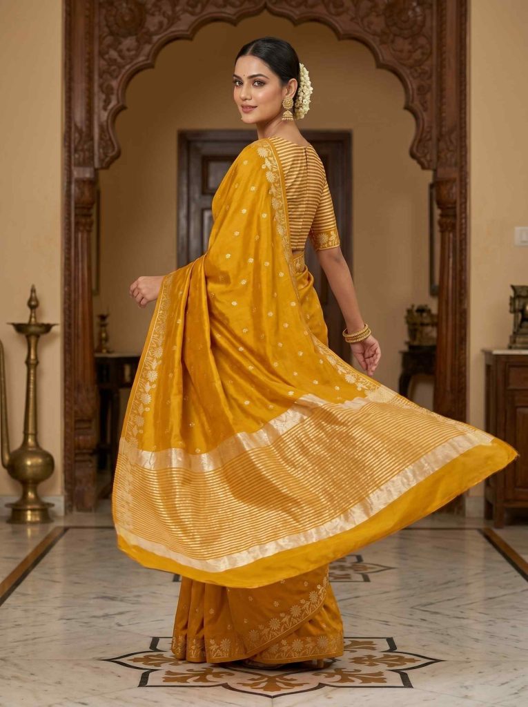 Mustard Chiniya Silk Pure Banarasi Saree With Beautiful Booti & Floral Zari Border Work