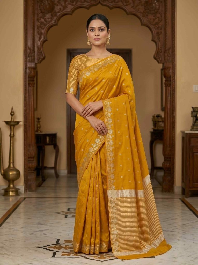 Mustard Chiniya Silk Pure Banarasi Saree With Beautiful Booti & Floral Zari Border Work