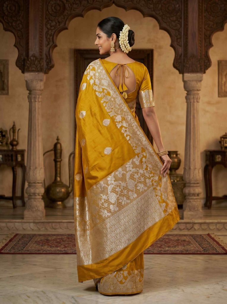 Mustard Handwoven Raw Mango Silk Banarasi Saree