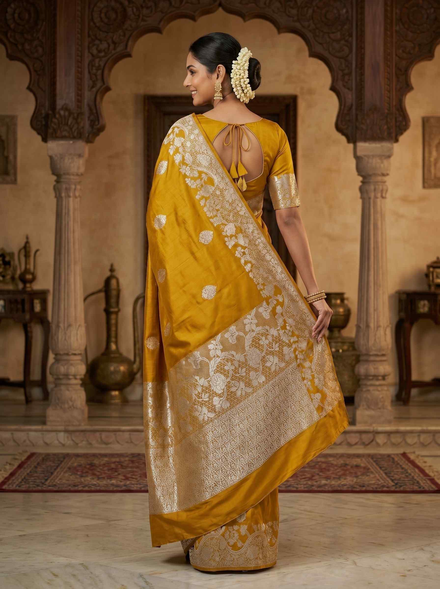 Mustard Handwoven Raw Mango Silk Banarasi Saree