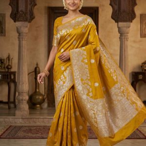 Mustard Handwoven Raw Mango Silk Banarasi Saree