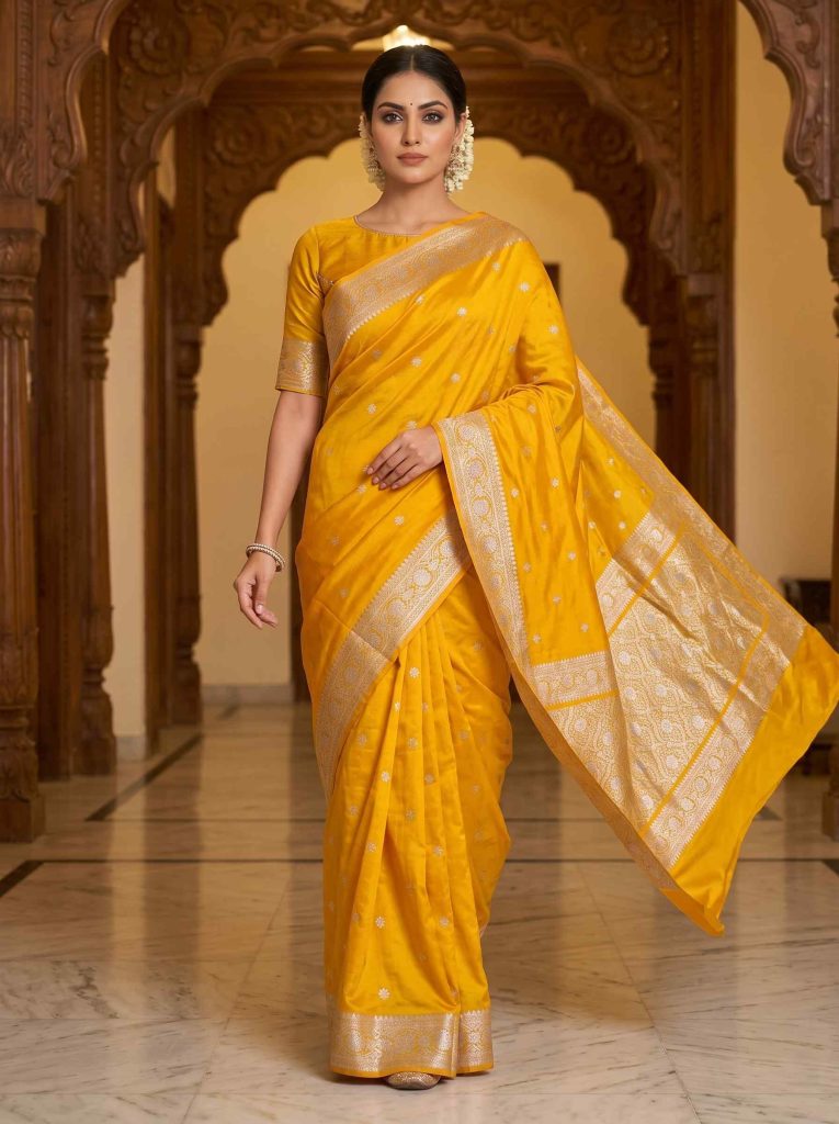 Yellow Mashru Silk Banarasi Saree