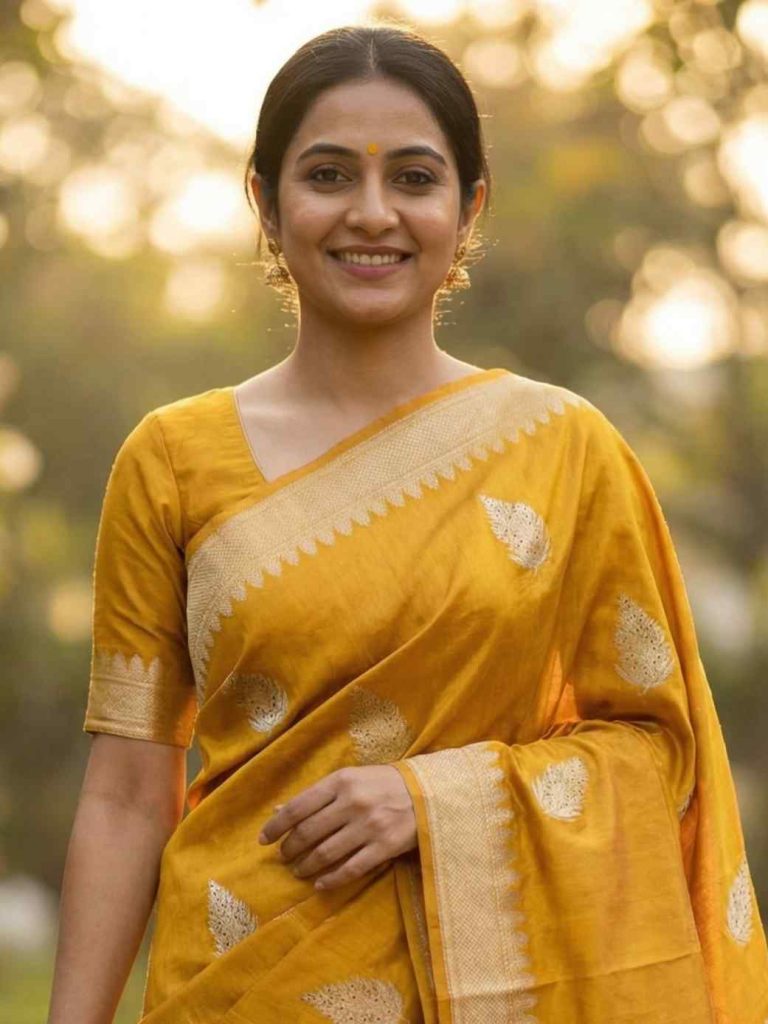 Mustard Viscose Silk Pure Banarasi Saree With Beautiful Floral Leaf Zari With Red Minakari Work