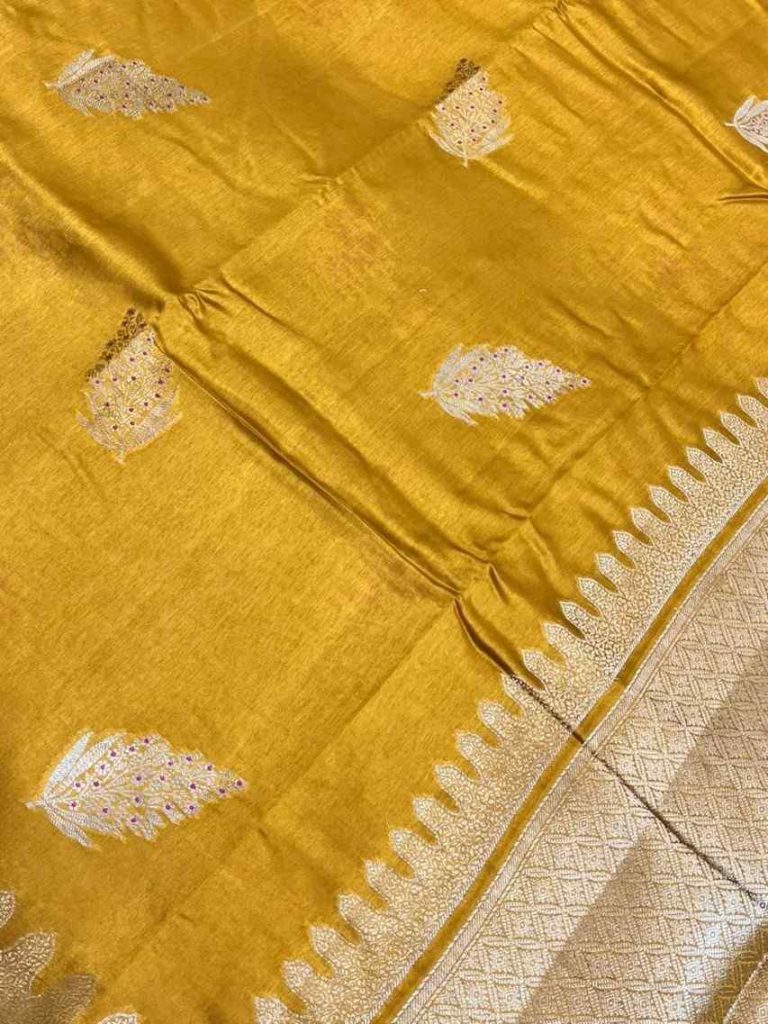 Mustard Viscose Silk Pure Banarasi Saree With Beautiful Floral Leaf Zari With Red Minakari Work