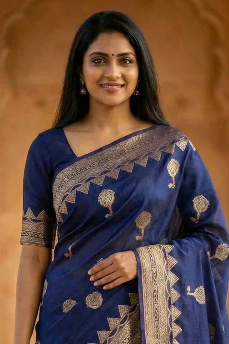 NavyBlue Viscose Silk Pure Banarasi Saree With Beautiful Floral & Minakari Work