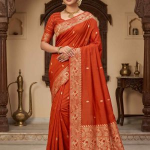 Orange Handwoven Mango Silk Banarasi Saree