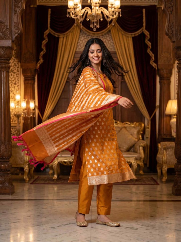 Orange Semi Silk Banarasi Dress Material