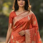 Orange Viscose Silk Pure Banarasi Saree With Beautiful White Mina Floral Zari Work