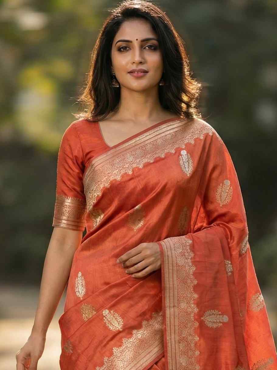 Orange Viscose Silk Pure Banarasi Saree With Beautiful White Mina Floral Zari Work