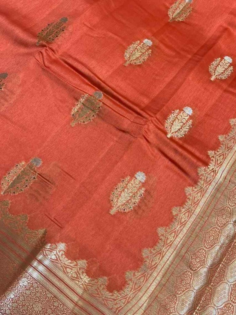 Orange Viscose Silk Pure Banarasi Saree With Beautiful White Mina Floral Zari Work