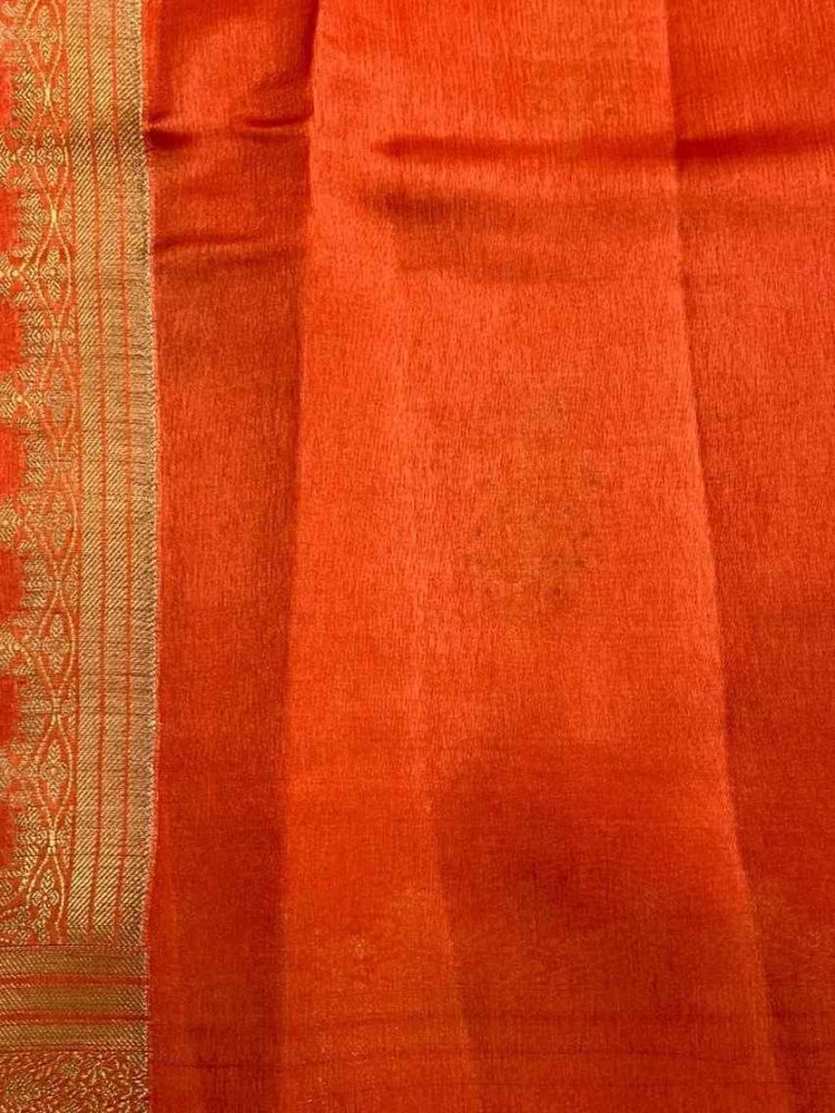 Orange Viscose Silk Pure Banarasi Saree With Beautiful White Mina Floral Zari Work