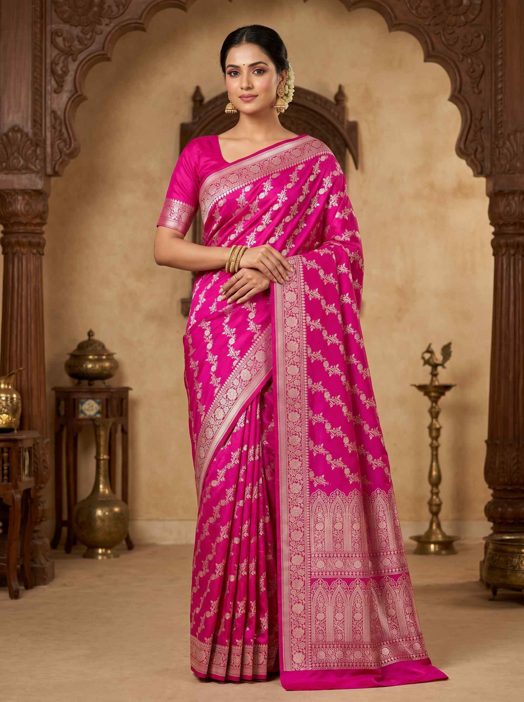 Rani Pink Mashru Silk Banarasi Saree
