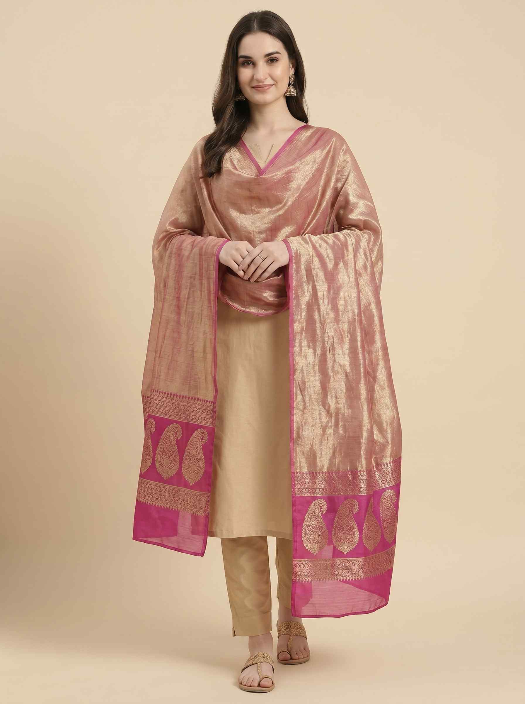 Pink Tissue Silk Pure Banarasi Dupatta With Floral Boota Work