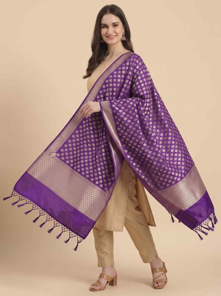Purple Semi Kataan Silk Banarasi Dupatta With Beautiful Booti Zari Work