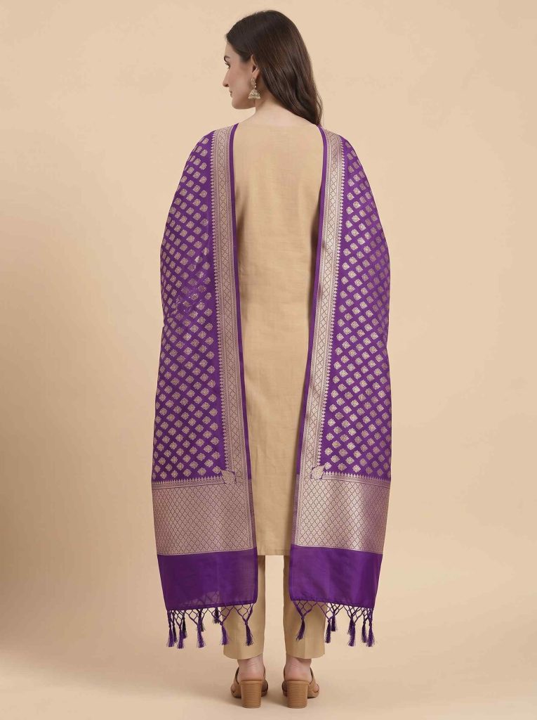 Purple Semi Kataan Silk Banarasi Dupatta With Beautiful Booti Zari Work